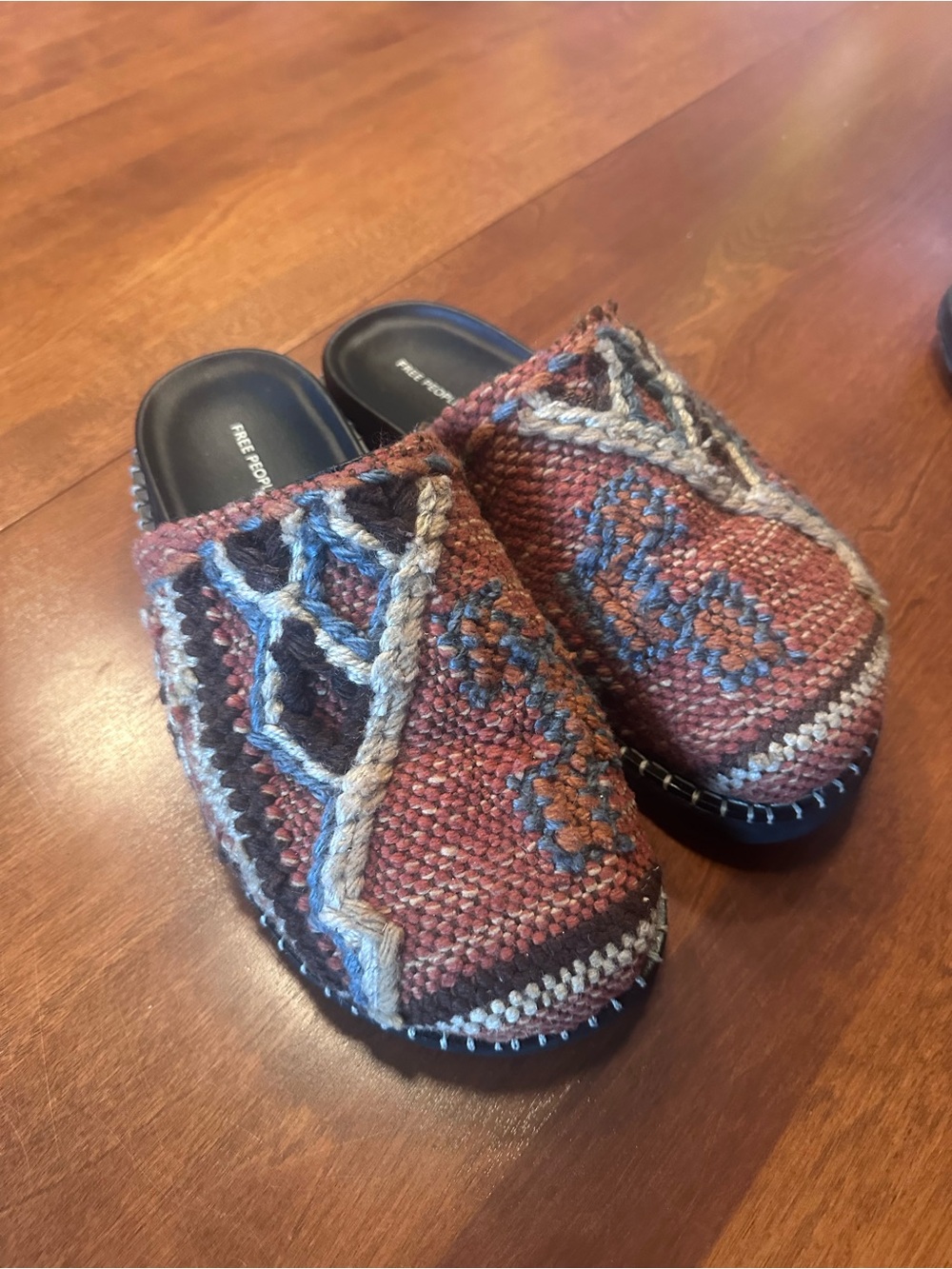 Handwoven Boho Slip-On Clogs in Rust & Blue - Picture 1 of 2